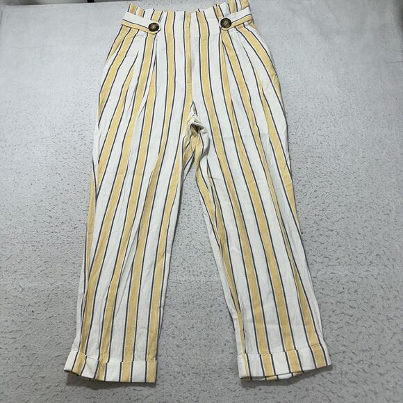 Topshop Pants - Top Shop Women's 8 Summer Striped Yellow White High Waisted Trouser Pants Linen